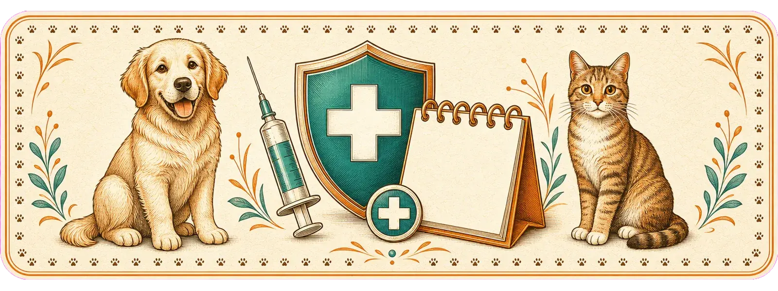 Câine, pisică, seringă, scut medical și calendar de vaccinare